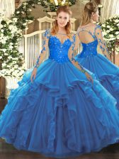 Vintage Blue Scoop Lace Up Lace and Ruffles Quince Ball Gowns Long Sleeves