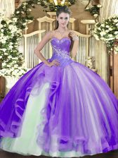  Lavender Sleeveless Floor Length Beading and Ruffles Lace Up Ball Gown Prom Dress