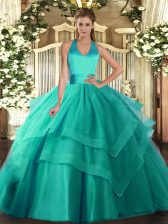 Fine Turquoise Halter Top Neckline Ruffled Layers 15th Birthday Dress Sleeveless Lace Up