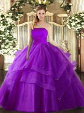  Eggplant Purple Sleeveless Tulle Lace Up Quinceanera Gowns for Military Ball and Sweet 16 and Quinceanera
