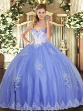 Dramatic Blue Sleeveless Floor Length Beading and Appliques Lace Up Quinceanera Dress