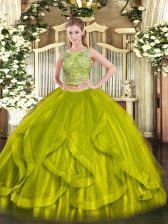 Discount Olive Green Two Pieces Beading and Ruffles Vestidos de Quinceanera Lace Up Organza Sleeveless Floor Length