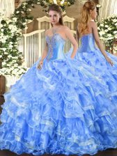  Baby Blue Organza Lace Up Sweetheart Sleeveless Floor Length 15th Birthday Dress Beading and Ruffled Layers