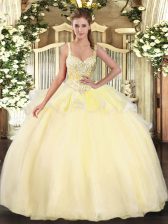 Custom Fit Gold Organza Lace Up Sweet 16 Dresses Sleeveless Floor Length Beading