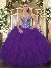High Class Sleeveless Floor Length Beading and Ruffled Layers Lace Up Vestidos de Quinceanera with Purple