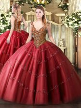 Latest Red Sleeveless Tulle Lace Up Quinceanera Gowns for Military Ball and Sweet 16 and Quinceanera