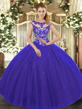  Floor Length Royal Blue Vestidos de Quinceanera Scoop Cap Sleeves Lace Up