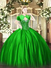  Floor Length Lace Up Quinceanera Dress Green for Military Ball and Sweet 16 and Quinceanera with Beading