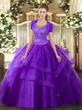 Exquisite Sleeveless Floor Length Beading and Ruffles Clasp Handle Quinceanera Gown with Purple