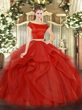  Floor Length Red Quinceanera Dresses Off The Shoulder Short Sleeves Zipper