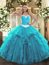 Fitting Aqua Blue Sleeveless Organza Lace Up Quince Ball Gowns for Military Ball and Sweet 16 and Quinceanera