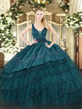 Sophisticated Straps Sleeveless 15 Quinceanera Dress Floor Length Beading and Embroidery and Ruffled Layers Teal Organza and Taffeta