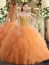 Captivating Tulle Sweetheart Sleeveless Lace Up Embroidery and Ruffles Sweet 16 Dress in Orange