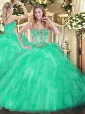 Tulle Sweetheart Sleeveless Lace Up Beading and Ruffles Quinceanera Dress in Apple Green