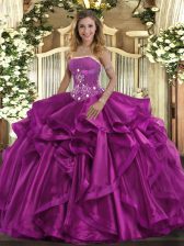 Best Fuchsia Organza Lace Up Strapless Sleeveless Floor Length Quinceanera Dresses Beading and Ruffles