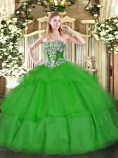Custom Design Strapless Sleeveless Lace Up Quinceanera Gowns Green Tulle