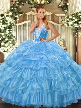 Sexy Baby Blue Ball Gown Prom Dress Military Ball and Sweet 16 and Quinceanera with Beading and Ruffled Layers and Pick Ups Straps Sleeveless Lace Up