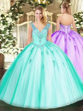  Floor Length Lace Up Sweet 16 Dresses Turquoise for Military Ball and Sweet 16 and Quinceanera with Beading