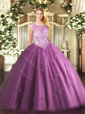  Lilac Zipper Scoop Beading Vestidos de Quinceanera Tulle Sleeveless