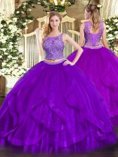  Purple Scoop Neckline Beading and Ruffles Quinceanera Gowns Sleeveless Lace Up