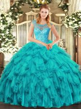  Ball Gowns Quinceanera Gown Aqua Blue Scoop Organza Sleeveless Floor Length Lace Up