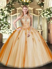  Orange Red Sleeveless Lace and Appliques Floor Length Ball Gown Prom Dress