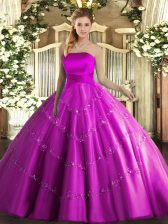  Fuchsia Lace Up Strapless Appliques Sweet 16 Dress Tulle Sleeveless