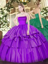 Noble Sleeveless Floor Length Ruffled Layers Zipper Quinceanera Gown with Eggplant Purple