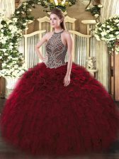  Wine Red Quinceanera Dresses Sweet 16 and Quinceanera with Beading and Ruffles Halter Top Sleeveless Lace Up