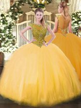  Scoop Sleeveless 15th Birthday Dress Floor Length Beading Gold Tulle