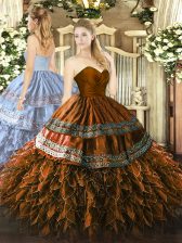  Sweetheart Sleeveless Sweet 16 Dresses Floor Length Embroidery and Ruffles Brown Organza and Taffeta