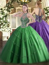 Luxurious Floor Length Green Sweet 16 Dresses Tulle Sleeveless Beading