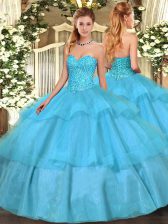  Aqua Blue Sleeveless Tulle Lace Up 15th Birthday Dress for Military Ball and Sweet 16 and Quinceanera
