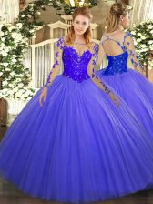 Luxury Blue Ball Gowns Tulle Scoop Long Sleeves Lace Floor Length Lace Up Vestidos de Quinceanera