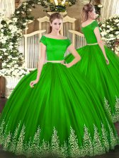  Short Sleeves Floor Length Appliques Zipper Ball Gown Prom Dress with Green