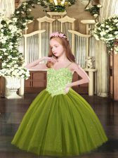 Popular Olive Green Tulle Lace Up Girls Pageant Dresses Sleeveless Floor Length Appliques