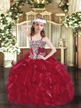  Wine Red Sleeveless Appliques and Ruffles Floor Length Little Girls Pageant Gowns