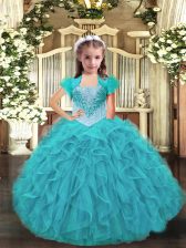  Sleeveless Organza Floor Length Lace Up Pageant Dress for Girls in Aqua Blue with Ruffles