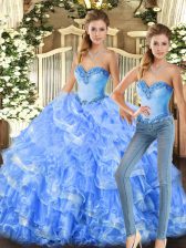 Delicate Baby Blue and Light Blue Two Pieces Sweetheart Sleeveless Organza Floor Length Lace Up Beading and Ruffles Vestidos de Quinceanera