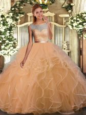 Spectacular Gold Organza Backless Scoop Sleeveless Floor Length Sweet 16 Dress Lace and Ruffles
