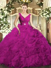  V-neck Sleeveless Backless Sweet 16 Dresses Fuchsia Organza and Fabric With Rolling Flowers