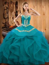 Eye-catching Sleeveless Floor Length Embroidery and Ruffles Lace Up Ball Gown Prom Dress with Teal and Turquoise