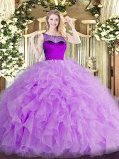 Attractive Scoop Sleeveless Quinceanera Gown Floor Length Beading and Ruffles and Hand Made Flower Lavender Organza