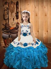 High Quality Sleeveless Floor Length Embroidery and Ruffles Lace Up Little Girl Pageant Gowns with Baby Blue