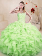 Unique Sleeveless Floor Length Beading and Ruffles Lace Up Sweet 16 Dresses with Yellow Green