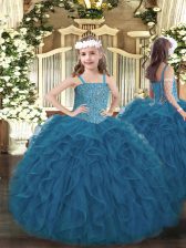  Teal Lace Up Straps Beading and Ruffles Custom Made Pageant Dress Tulle Sleeveless