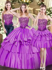 Adorable Tulle Strapless Sleeveless Lace Up Beading and Ruffled Layers Sweet 16 Dress in Eggplant Purple