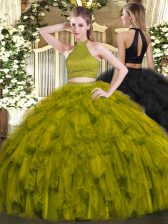  Floor Length Backless 15 Quinceanera Dress Olive Green for Military Ball and Sweet 16 and Quinceanera with Beading and Ruffles
