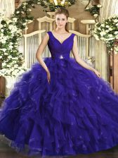 Dynamic Purple Ball Gowns Organza V-neck Sleeveless Beading and Ruffles Floor Length Backless Sweet 16 Dresses
