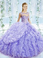 Graceful Sweetheart Sleeveless Sweet 16 Quinceanera Dress Brush Train Beading and Ruffles and Pick Ups Lavender Organza